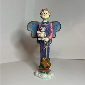 Russ Berrie & Co. Heavensent Angel Sculpture with Blue Wings Holding a Cat